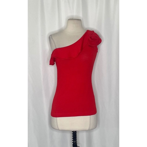 NWT!! ST. JOHN Evening Red Wool One Shoulder Sweater Ruffled Size P X-Small - Picture 3 of 13